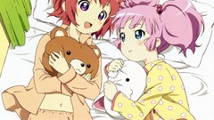 Pajamas pink hair anime girls blue eyes purple eyes yuru yuri 