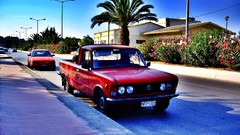 Palm mat palm trees streets crete red cars front angle view 