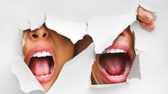 Paper teeth white background fingers faces mouth shout ripped