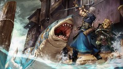 Pathfinder Sharks piers buildings artwork fantasy art crossbows