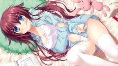 Pencils stockings blush long hair anime girls lingerie blue 