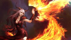 phoenix fire Women demoness grey hair horns magic fantasy girl