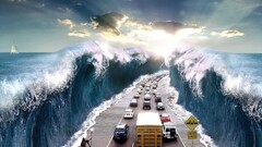 Photo manipulation Moses humor Car Sea road waves traffic sign