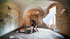 Photo manipulation Women window Pencils curtain sitting model