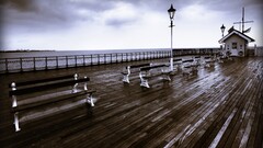 pier bench wet wooden surface sky lantern outdoors water