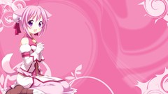 Pink gloves Ribbons sitting blush pink hair smiling anime girls 