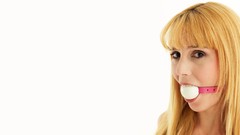 Pink white woman white background faces blondes ball gag