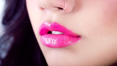 Pink woman close-up lips brunettes piercings nose ring