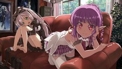 Plants Anime window white hair red eyes earrings skirts couch 