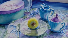 Plates watercolor paintings still life fruits spoons table 