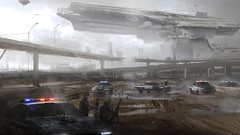 Police cars spaceships science fiction cityscapes artwork 