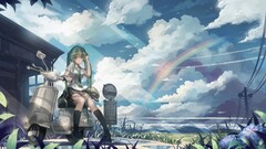 power lines sun rays anime girls Anime blue hair long hair sky