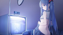 Profile sitting stockings skirts blush blue hair long hair 