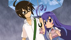 Rain Anime glasses Umbrellas long hair anime girls brunettes 