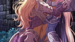 Rain armor kissing anime girls blue eyes yellow eyes nekomimi 