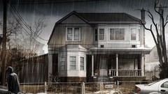 Rain cars houses cityscapes heavy rain artwork digital art 