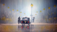 Rain cars paintings lamp posts Jeff Rowland