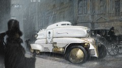 Rain cars steampunk cities streets artwork steam punk