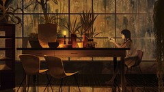 Rain chairs sitting anime girls reading black hair Original 