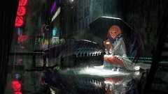 Rain dress Umbrellas reflections mechanical wings orange hair 