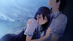 Rain long hair anime girls school uniforms black hair purple 