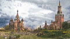 Rain ruins Kremlin Russia Red Square artwork cathedrals towns