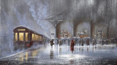 Rain signs running Umbrellas paintings arches lovers artwork 