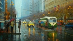 Rain wire lights cars tram street Umbrellas Flags paintings 