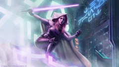 Rain woman star wars science fiction lightsabers cityscapes 