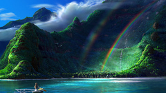 rainbows water Mountains boat Women digital art Sea clouds rock