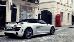 Red Audi England cars audi r8 phone booth streets Audi R8 V10 
