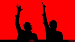 red background Men arms up headphones digital art knife party