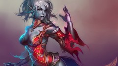 Red dress drawings blue hair fan art mage Dark Elves lineage 2