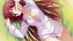 Red empty long hair anime girls wink muririn no bra open shirt