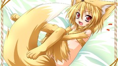 Red eyes anime girls lying down fox girls fox ears fox tail