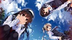 red eyes black hair school uniform pantyhose ash blonde sky