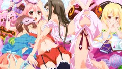 Red eyes blondes blush pink hair anime girls brunettes black 