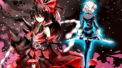 Red eyes blue eyes brunettes hakurei reimu bare shoulders 