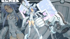 Red eyes blue hair long hair anime girls detached sleeves 