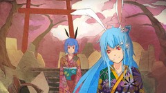 Red eyes blue hair long hair anime girls short hair bili bili 