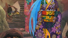 Red eyes blue hair smiling long hair anime girls short hair 