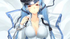 Red eyes blush blue hair anime girls cleavage twintails cuffs 