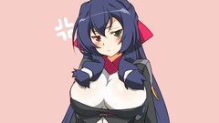 Red eyes blush blue hair long hair green eyes heterochromia 