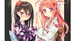 Red eyes blush long hair anime girls brunettes twintails hair 