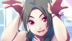 Red eyes bracelets long hair anime girls brunettes braids open 