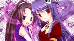 Red eyes brunettes ponytails open mouth purple hair purple eyes 