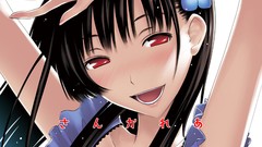 Red eyes faces smiling long hair anime girls black hair open 