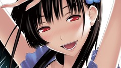 Red eyes faces smiling long hair anime girls black hair sanka 
