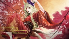 Red eyes fans blondes anime girls nail polish cherry blossoms 