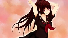 Red eyes long hair anime girls school uniforms ponytails black 